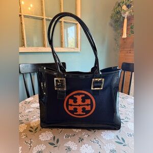 Tory Burch Rare Vintage Ella Patent Leather & Wool Tote Y2K